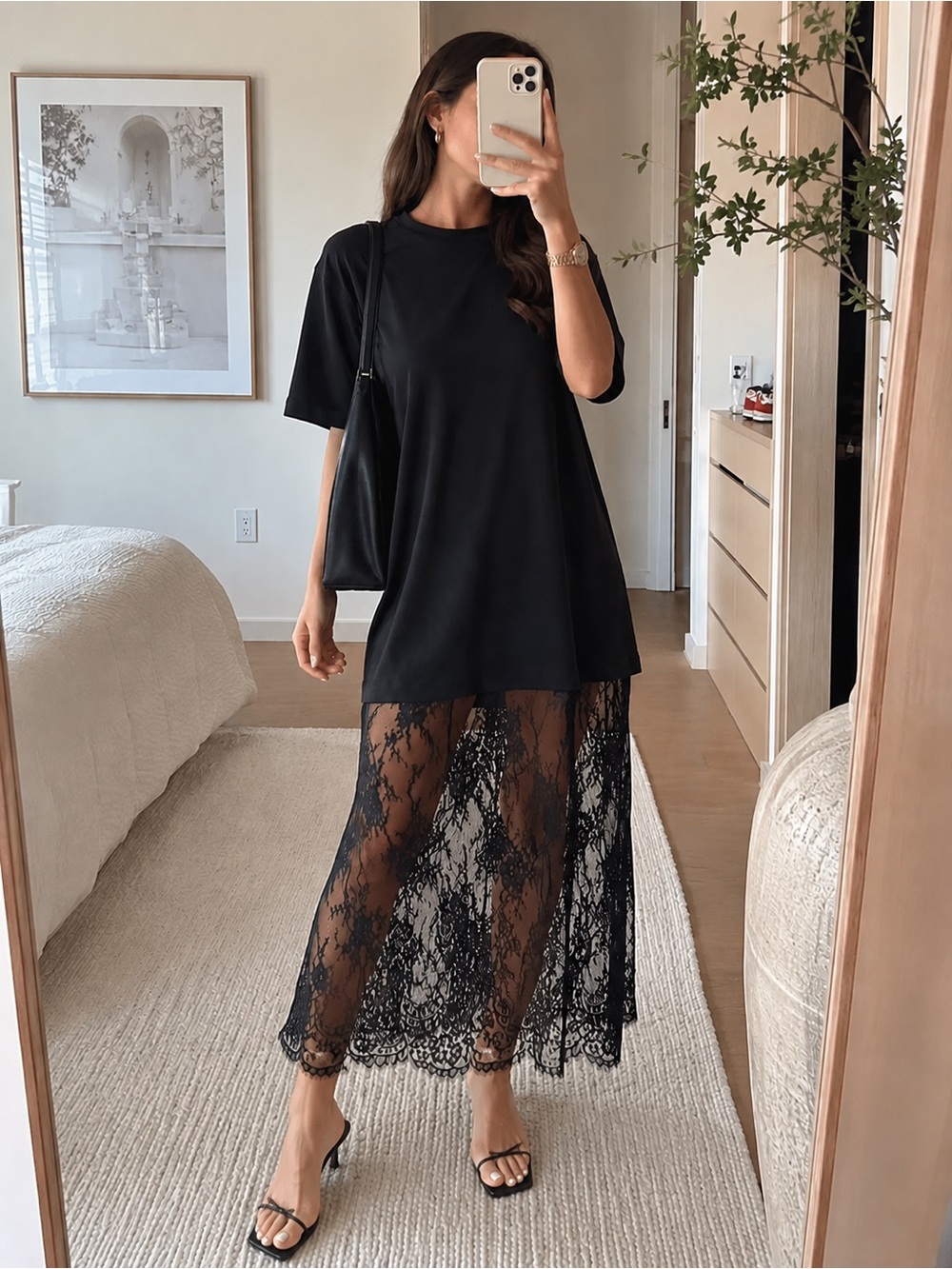 Endless Rose Contemporary Mixed Media Lace Hem T Shirt Dress Black Size M